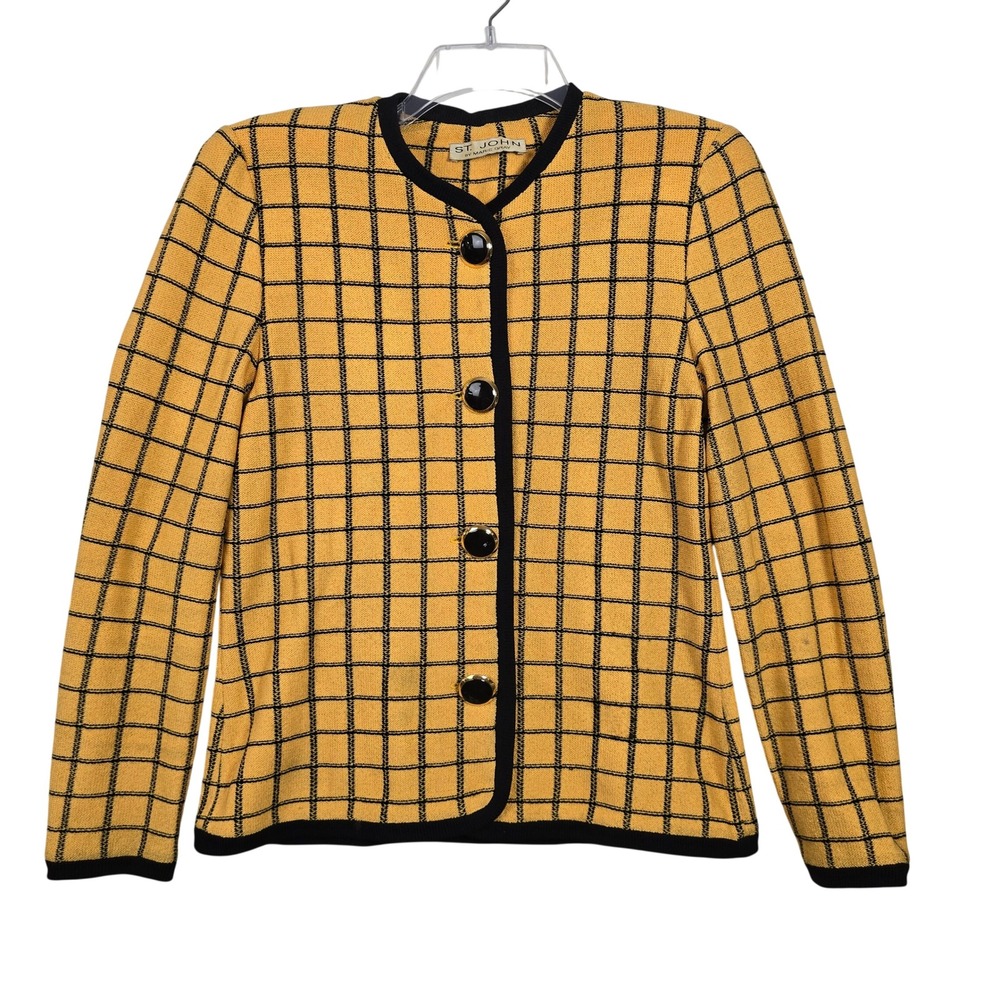 St. John by Marie Gray Vintage Santana Knit Yellow Black Plaid Jacket Sz 6 FLAWS - Picture 2 of 9